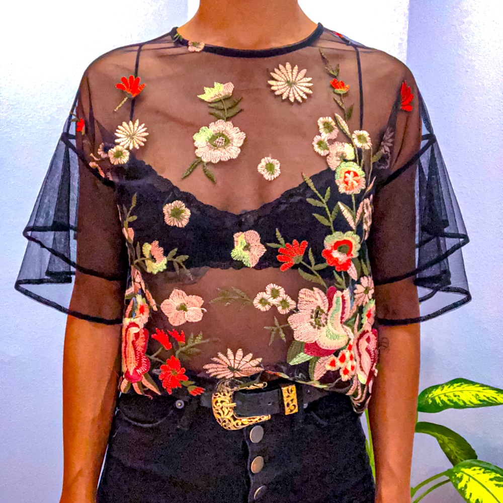 Black Sheer Blouse w/Floral Embroidery